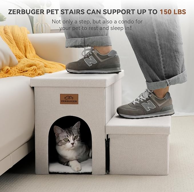 Dog Stairs, Dog Steps for High Beds 15" H, Folding Pet Stairs for Small Dogs Puppy Dog with Storage for Bed and Couch, Cat Dog Ramp Hold Up to 150 lbs (Beige Gray, 2 Steps with Condo)