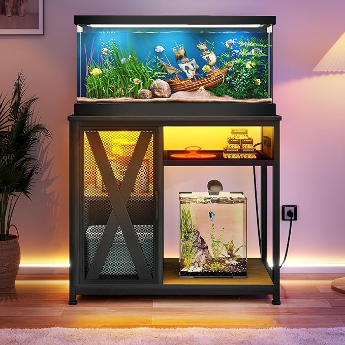 DWVO 40-50 Gallon Aquarium Stand with Power Outlets & LED Light, Cabinet for Fish Tank Accessories Storage - Metal Fish Tank Stand Suitable for Turtle Tank, Reptile Terrarium, 660LBS Capacity, Black