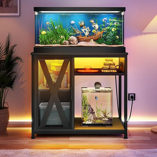 DWVO 40-50 Gallon Aquarium Stand with Power Outlets & LED Light, Cabinet for Fish Tank Accessories Storage - Metal Fish Tank Stand Suitable for Turtle Tank, Reptile Terrarium, 660LBS Capacity, Black