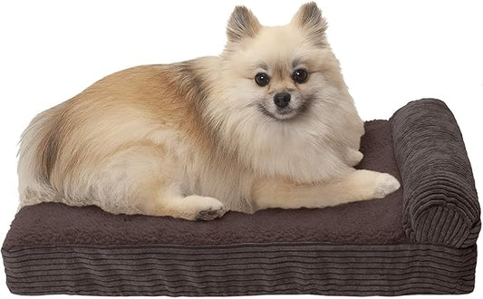 Furhaven Cooling Gel Dog Bed for Small Dogs w/ Removable Bolster & Washable Cover, For Dogs Up to 20 lbs - Fleece & Corduroy Bolster Chaise - Dark Espresso, Small