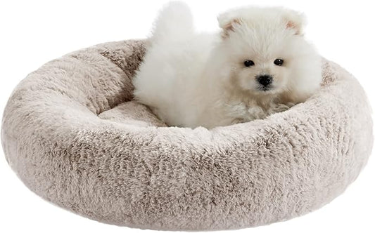 Best Friends by Sheri SnuggleSoft Faux Rabbit Fur Memory Foam Calming Donut Bed for Small Dogs and Cats, Brown, 18" x 18"