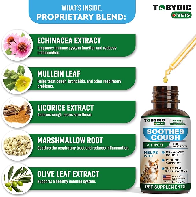 Natural Dog Cough Medicine & Antibiotic for Cats Respiratory Infection - Sneezing Relief & Kennel Cough Treatment - Trachea Collapse & Pet Asthma Support - Made in USA