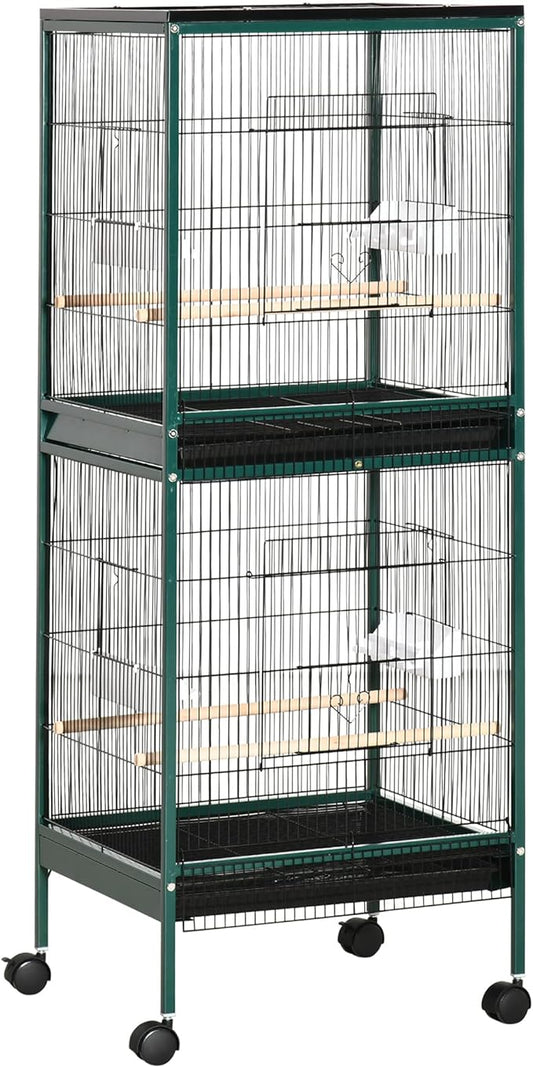 PawHut Large Bird Cage with 1.7 ft. Width for Wingspan, Bird Aviary Indoor with Multi-Door Design, Fit for a Canary, Finch, Conure, 55", Green