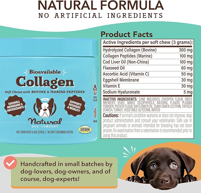 Natural Dog Company Collagen Chews for Dogs - Enhanced with Eggshell Membrane - Unique 4-Type Collagen Blend for Mobility, Hip, Joint, Skin & Coat Support - with Vitamin C and Hyaluronic Acid -90 Ct