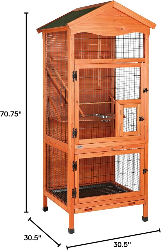 TRIXIE Outdoor Bird Aviary, 71-in Wooden Birdcage, 2 Perches, Ideal for Small Birds, Finches, Brown, (55951)