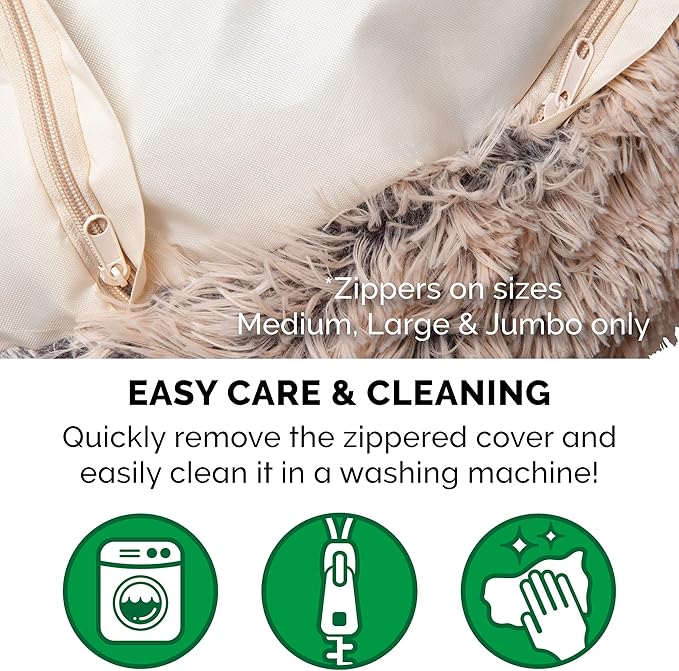 Furhaven 30" Round Calming Donut Dog Bed for Medium/Small Dogs, Refillable w/ Removable Washable Cover, For Dogs Up to 45 lbs - Shaggy Plush Long Faux Fur Donut Bed - Taupe, Medium