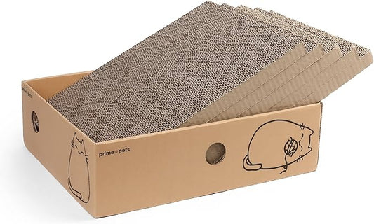 PrimePets Wide Cat Scratch Pad with Box, 5 Pack, XL, Reversible Scratcher Cardboard for Indoor Cats, 17x13x5'' Kitty Bed Scratching Board, Convenient Replacement Hole Design