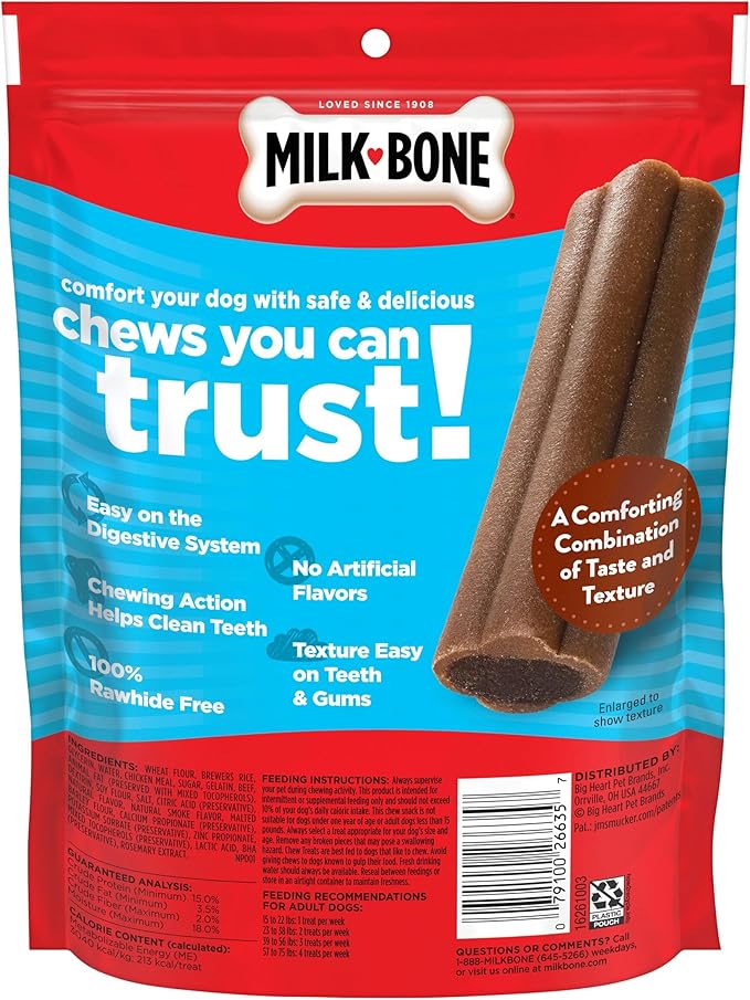 Milk-Bone Comfort Chews, Rawhide Free Dog Treats with Unique Chewy Texture and Real Beef, 3 Chews (Pack of 5), Easy on Digestive System