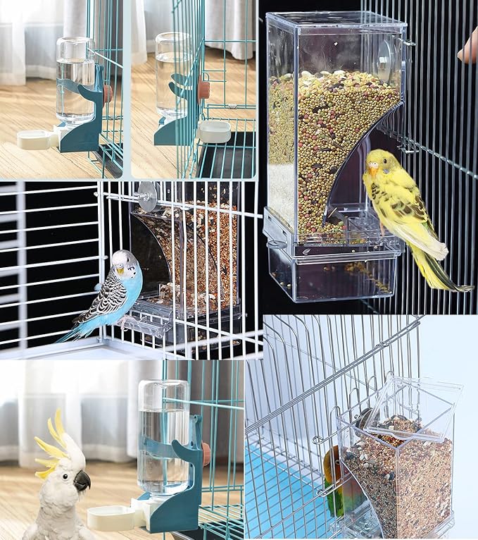 No Mess Bird Feeder Water Dispenser Set, Automatic Parrot Feeder Cage Accessories, Clear Parakeet Seed Container Food Feeder Drinker for Cage, Cockatiel Finch Lovebirds Budgies Canary (Blue)