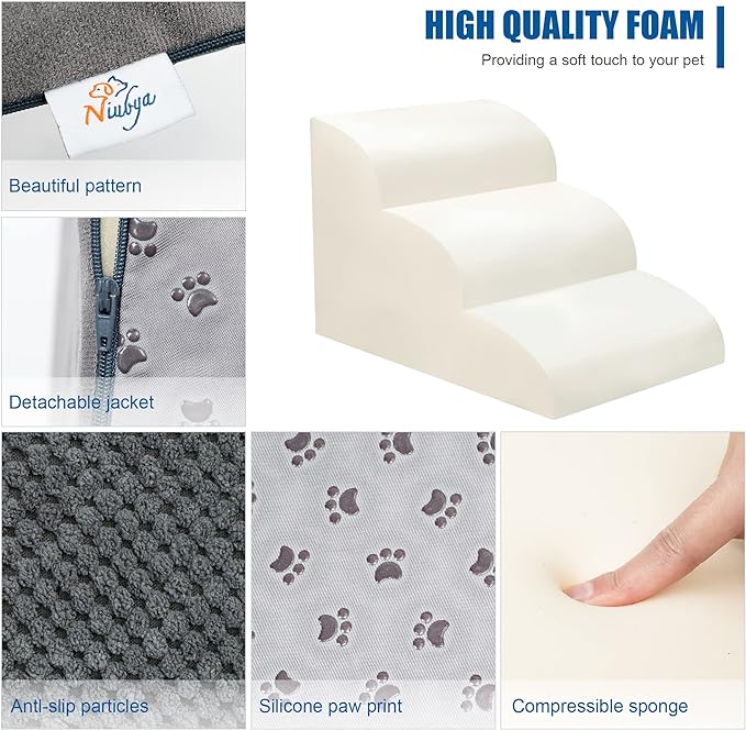 Dog Stairs for Small Dogs - High Density Foam Dog Ramp, Extra Wide Pet Steps with Non-Slip Bottom for High Beds, Couche and Sofa, Best for Dogs Injured, Older Dogs Cats (Grey, 3 Steps)