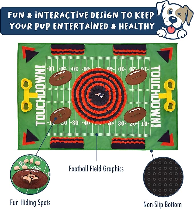 NFL New England Patriots Pet Snuffle Mat, Football Field Feeding Game, Interactive Dog Sniffing Food Puzzle Mat Toy, Pet Foraging Mat, Slow Feeding Healthy Cat, Pet Treat Puzzle