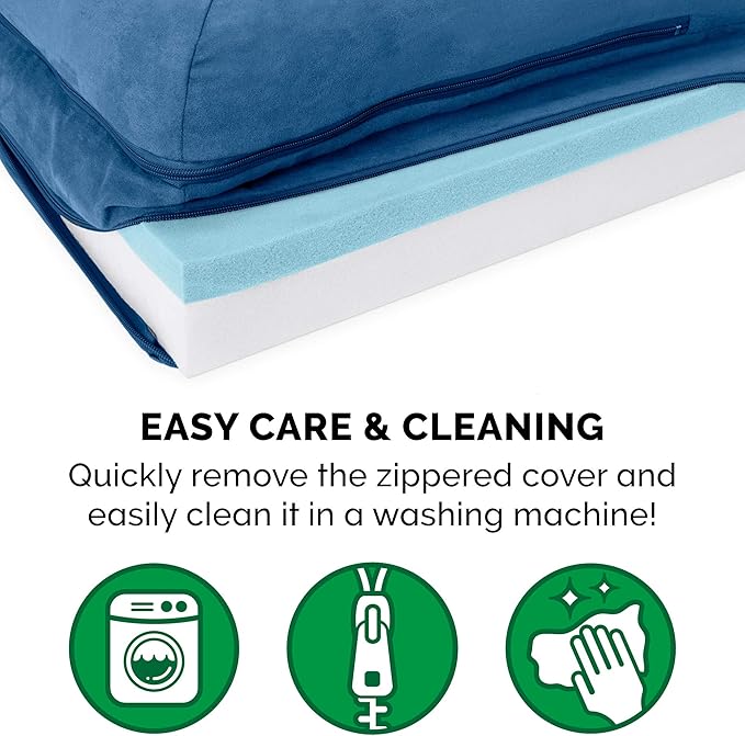 Furhaven Cooling Gel Dog Bed for Large/Medium Dogs w/ Removable Bolsters & Washable Cover, For Dogs Up to 55 lbs - Two-Tone Plush Faux Fur & Suede L Shaped Chaise - Marine Blue, Large