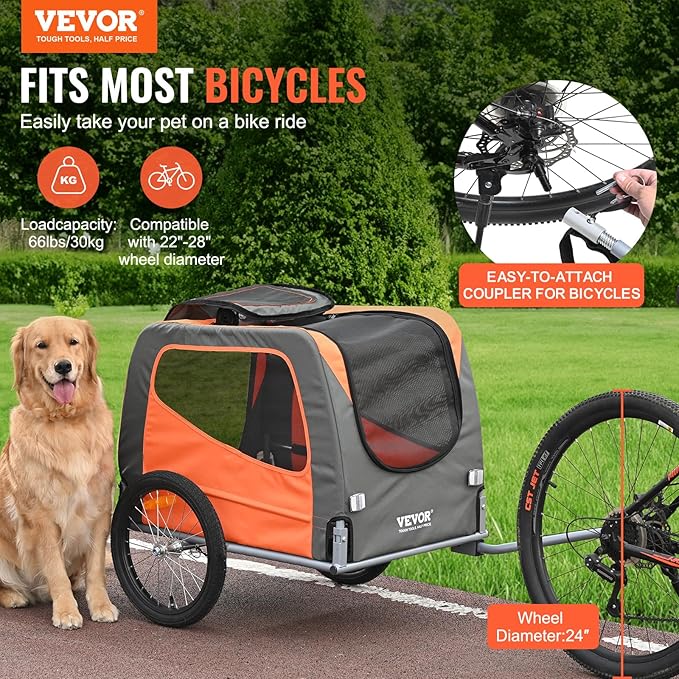 VEVOR Dog Bike Trailer, Supports up to 66/88/100 lbs, Pet Cart Bicycle Carrier, Easy Folding Frame with Quick Release Wheels, Universal Bicycle Coupler, Reflectors, Flag, Collapsible to Store