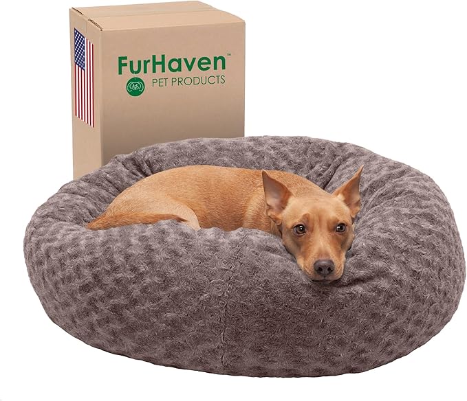 Furhaven 30" Round Donut Dog Bed for Medium/Small Dogs, Refillable w/ Removable Washable Cover, For Dogs Up to 45 lbs - Curly Faux Fur Donut Bed - Cocoa Dust, Medium
