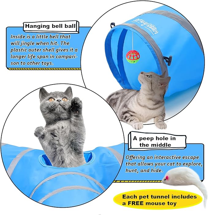 4 Way CAT Toy Tunnels - 47" x 47" x 10" Large Cat Tubes and Tunnels - Pop Up Design (Blue)