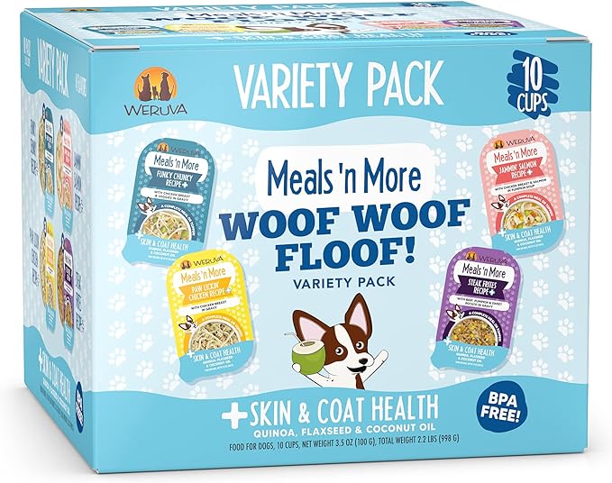 Weruva Meals 'n More Natural Wet Dog Food, Woof Woof Floof! Skin & Coat Health Variety Pack, 3.5oz Cup (Pack of 10)