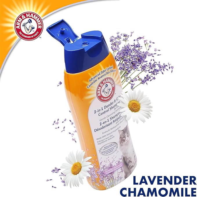 Arm & Hammer 2-in-1 Deodorizing & Dander Reducing Shampoo for Cats, Dander Remover for Dander and Odors, Baking Soda Moisturizes and Deodorizes, Lavender Chamomile Scent, 20 Fl Oz (Pack of 1)