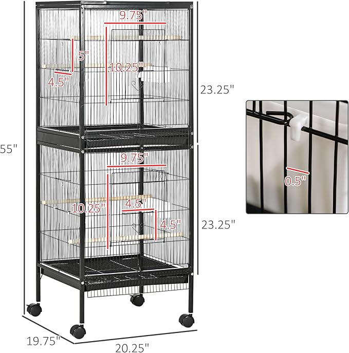 PawHut Large Bird Cage with 1.7 ft. Width for Wingspan, Bird Aviary Indoor with Multi-Door Design, Fit for a Canary, Finch, Conure, 55", Black