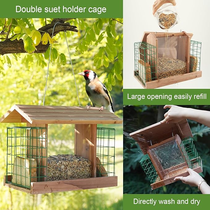 Bird Feeders with 2 Suet Cages, Wooden Wildbird Feeder with Large Capacity, Ideal for Outside Hanging, Nature