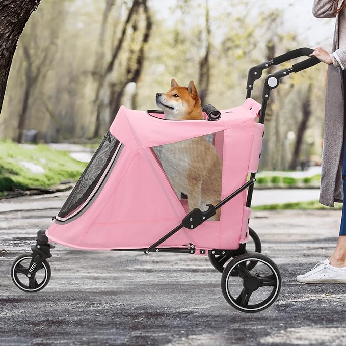 MoNiBloom Pet Stroller for Large Dogs or Multiple Dogs Cats with Adjustable Handle, 3-Wheels Dual Entry Portable Dog Carting Easy Folding Pet Wagon Double Dog Stroller up to 55 lbs, Pink