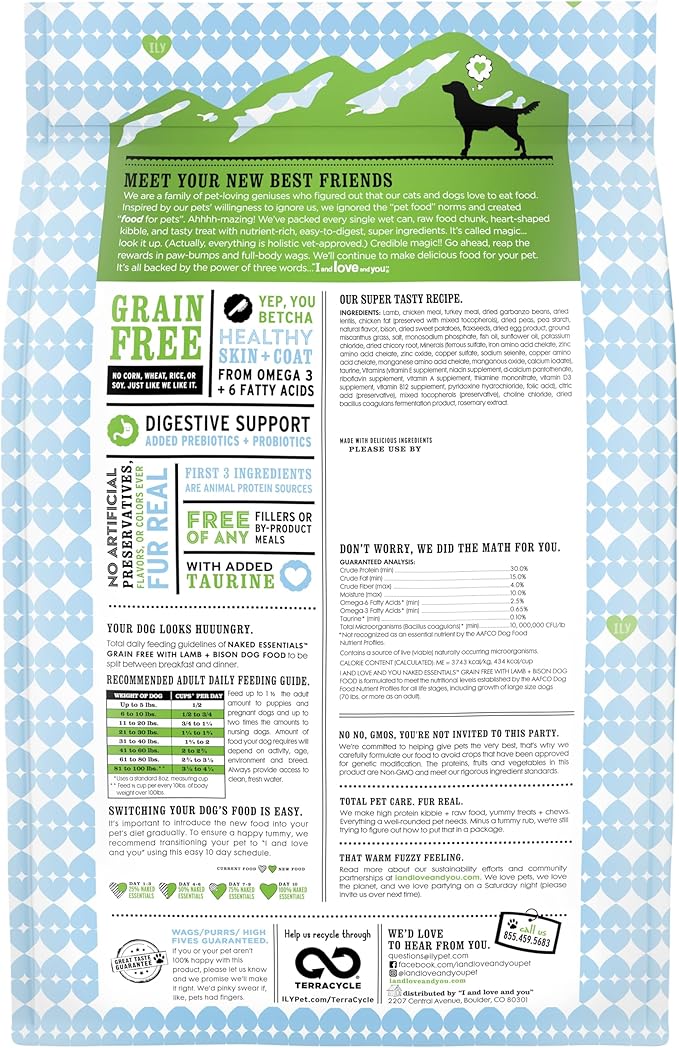 I and love and you Naked Essentials Dry Dog Food - Lamb + Bison - High Protein, Real Meat, No Fillers, Prebiotics + Probiotics, 11lb Bag