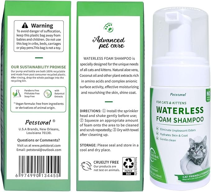 Waterless Cat Shampoo No Rinse Kitten Shampoo, Easy Cat Bath Cleaner - Hypoallergenic Cat Shampoo for Long and Short Hair