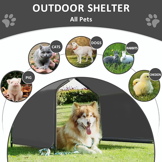 Dog Shade Shelter Outdoor Deep Grey Tent for Large Medium Dogs, 4'x4'x3' Outside Sun Rain Canopy Pet House for Cats Pigs Livestock with Waterproof Roof Ground Nails