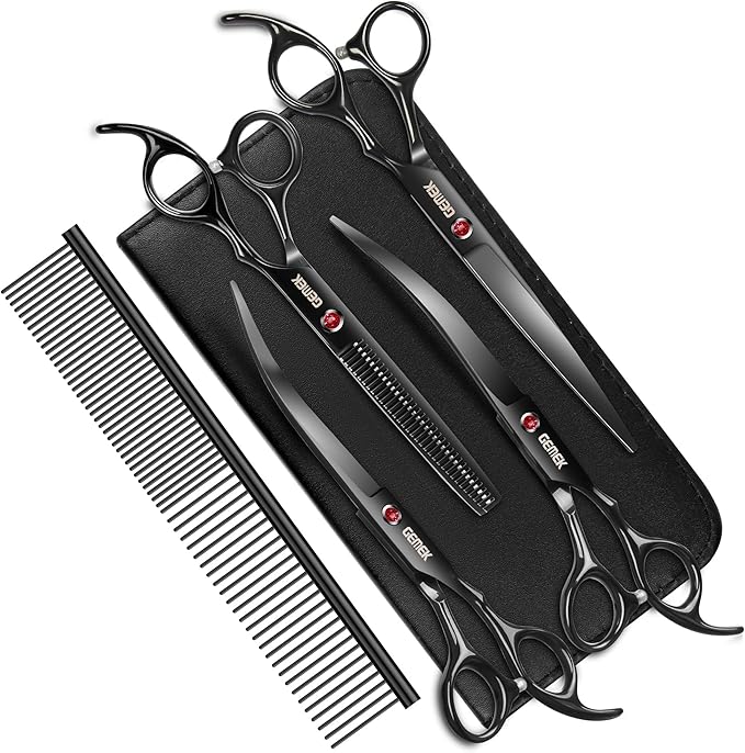 7.0in Titanium Professional Dog Grooming Scissors Set, GEMEK 6 in 1 Straight & Thinning & Upwards Curved & Downwards Curved Scissors & Comb for Dogs, Cats and Other Animals