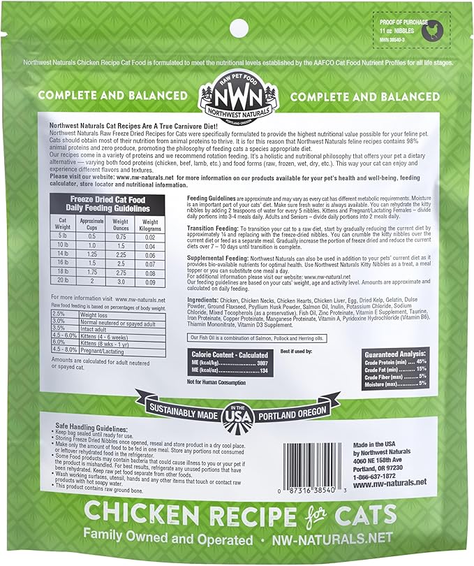 Northwest Naturals Freeze-Dried Chicken Cat Food - Bite-Sized Nibbles - Healthy, Limited Ingredients, Human Grade Pet Food, All Natural - 11 Oz (Packaging May Vary)