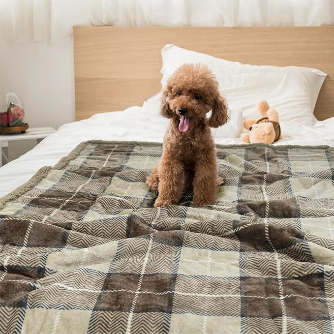 PetAmi WATERPROOF Dog Blanket For Bed, XL Dog Pet Blanket Couch Cover Protection, Sherpa Fleece Leakproof Bed Blanket for Crate Kennel Sofa Furniture Protector, Reversible Soft Plush 80x60 Plaid Taupe