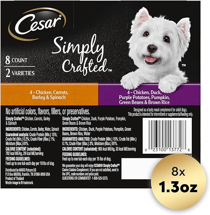 CESAR SIMPLY CRAFTED Adult Wet Dog Food Meal Topper Variety Pack, Chicken, Duck, Purple Potatoes, Pumpkin, Green Beans & Brown Rice and Chicken, Carrots, Barley & Spinach, 1.3 oz. Tubs, Pack of 8