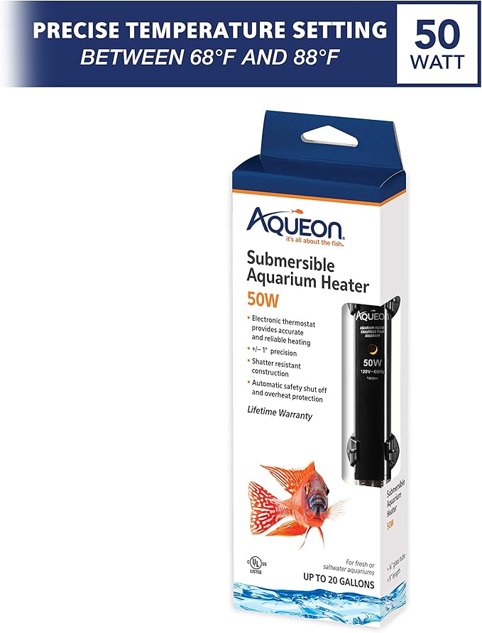 Aqueon Submersible Aquarium Heater, 50 Watts, Up to 20 Gallons