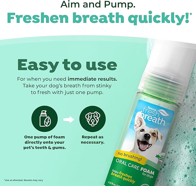 TropiClean Fresh Breath Foam for Dogs & Cats | Cat & Dog Dental Foam| Dog Breath Freshener Foam| Oral Care for Dogs & Cats | Made in The USA | 4.5 oz﻿