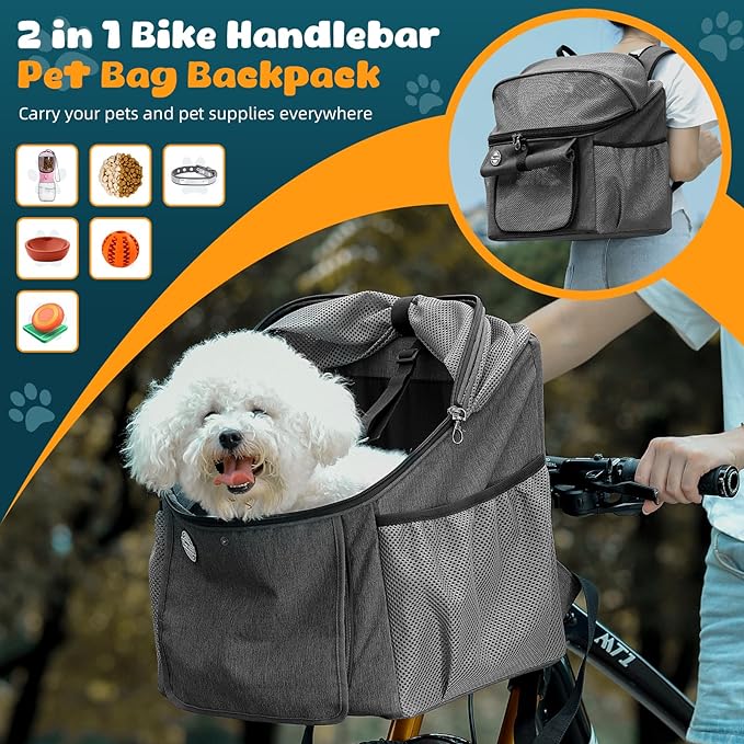 Dog Bike Basket Carrier, Dog Basket for Bike with Mesh Window, Bike Pet Carrier for Cats & Dogs, Pet Bike Front Carrier Backpack for Bike Riding