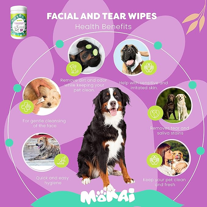 MOKAI Face and Eye Wipes for Dogs and Cats | Soft Fragrance-Free Formula Dog Face Wipes and Dog Eye Wipes Great for Cleansing Wrinkles Removing Saliva Stains and As Dog Eye Stain Remover (60 Wipes)