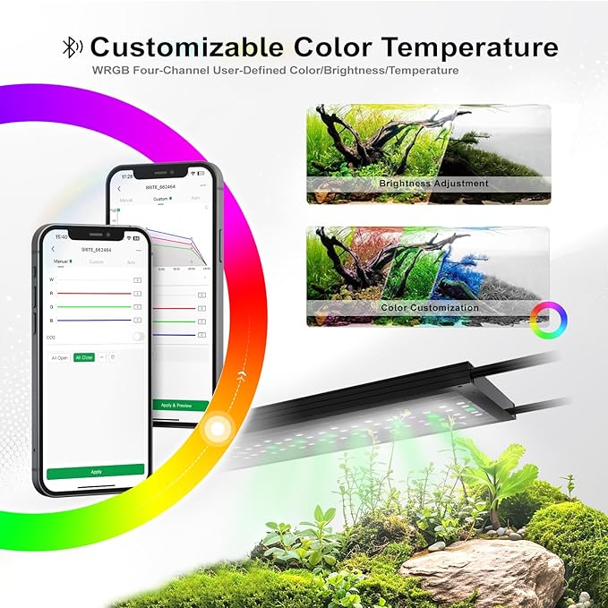 Brite Series Auto Aquarium LED Light with App-Controlled RGB+W LEDs, Extendable Bracket, Supports Custom Sunrise/Sunset Colors in Manual/Auto/Custom Modes (Brite 90)