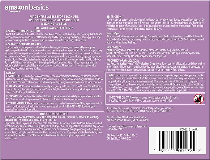 Amazon Basics Flea and Tick Topical Treatment for Large Dogs (45-88 lbs), Unscented, 6 Count (Previously Solimo)