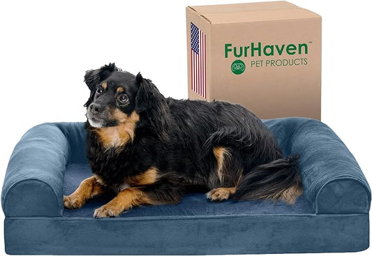 Furhaven Orthopedic Dog Bed for Medium/Small Dogs w/ Removable Bolsters & Washable Cover, For Dogs Up to 35 lbs - Faux Fur & Velvet Sofa - Harbor Blue, Medium