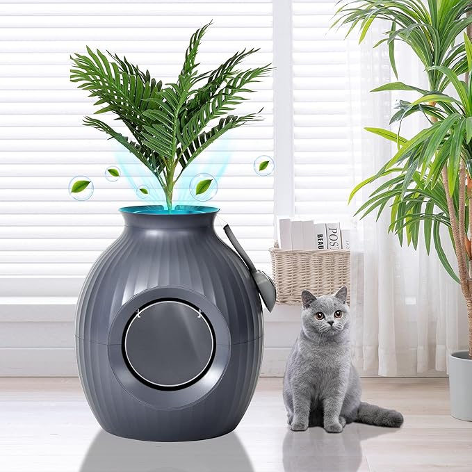 YITAHOME Smart Plant Litter Box with Odor Control & Sterilization System, Hidden Cat Litter Box Plant Furniturewith Led Light for Cats, Includes Scoop, Stones, Artificial Plants, Grey & Green