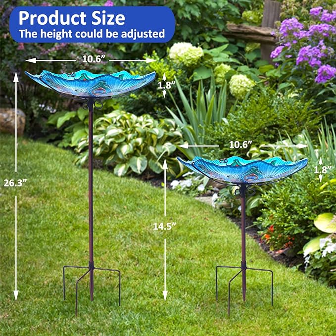 Bird Bath, Glass Bird Bath for Outside, Bird Feeders Bird Bath Bowl for Outdoors with Metal Stake, Peacock Bird Baths for Outdoors Décorations, Standing Small Birdbath for Outside Garden-Peacock Blue