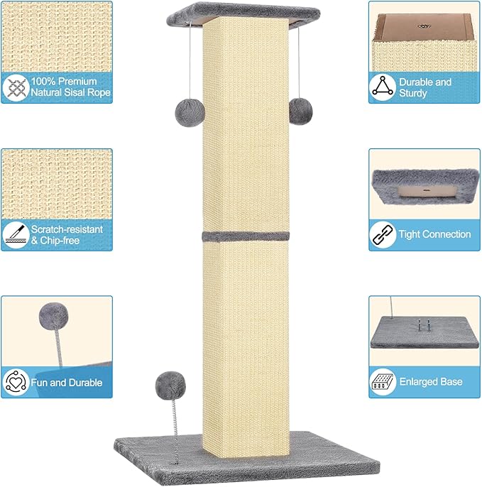 33" Tall Cat Scratching Post, Heavy Duty and Thicker Cat Scratching Post,Large Cat Scratcher with Two Hanging Ball for Indoor Cats and Adult,Sisal Cat Scratcher Protect Your Furniture(Grey)