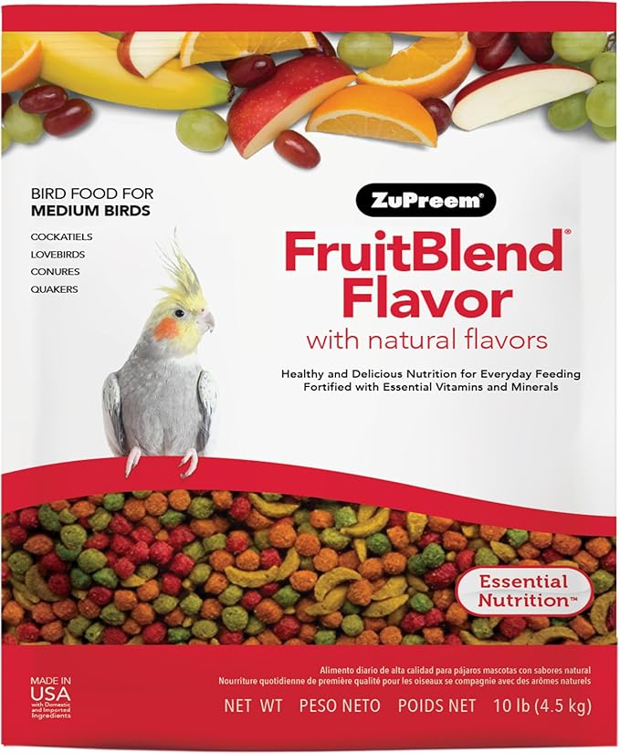 ZuPreem FruitBlend Bird Pellets, Daily Bird Food for Cockatiel, Lovebird, Quaker, Small Conure, Lorikeet, Core Nutrition for Medium Birds, Cockatiel Pellets, Conure Bird Food (M, 10 lb)