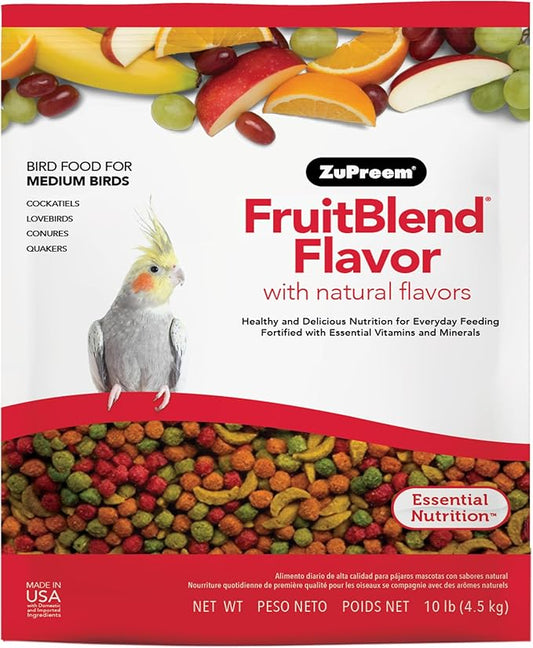 ZuPreem FruitBlend Bird Pellets, Daily Bird Food for Cockatiel, Lovebird, Quaker, Small Conure, Lorikeet, Core Nutrition for Medium Birds, Cockatiel Pellets, Conure Bird Food (M, 10 lb)