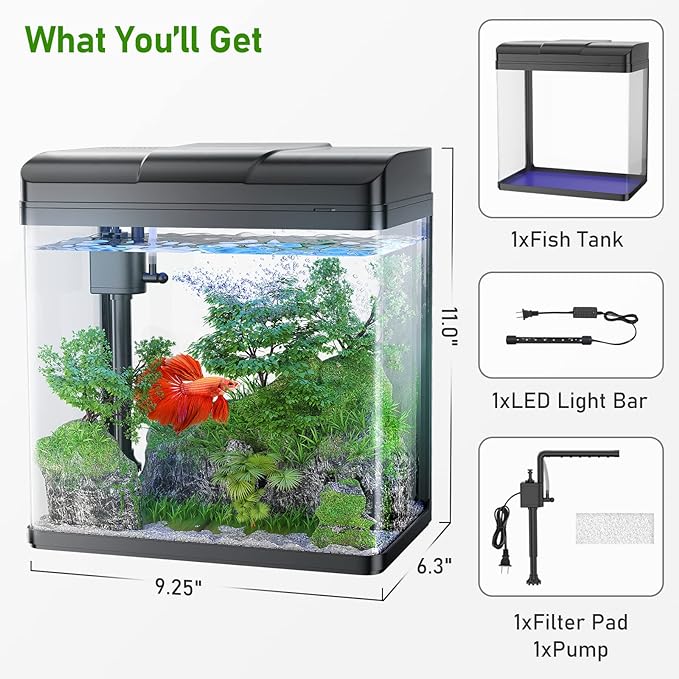 Fish Tank, 1.7 Gallon Glass Aquarium with Air Pump & LED Light & Filter, Small Fish Tank for Betta Fish Starter Kit (Black)