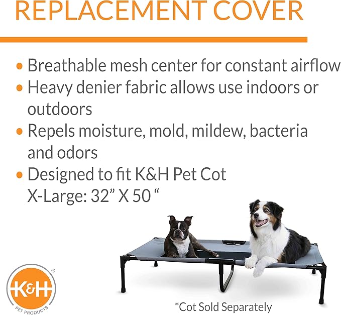 K&H Pet Products Original Pet Cot Replacement Cover (Cot Sold Separately) - Gray/Black Mesh, X -Large 32 X 50 Inches