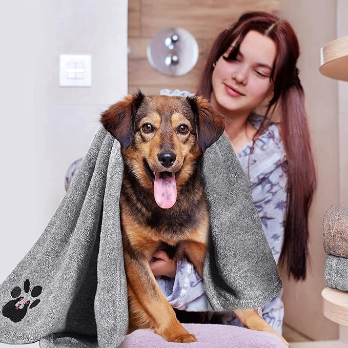 Dog Towels for Drying Dogs - Pack of 2 - Super Absorbent Soft Microfiber Pet Bath Grooming Towel for Dogs and Cats & Other Pets (M-36" * 28", Grey and Brown)