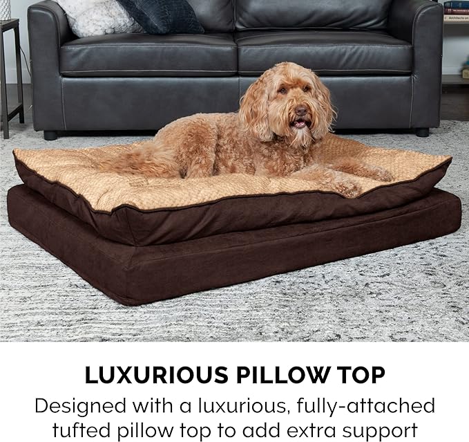 Furhaven Orthopedic Dog Bed for Large Dogs w/ Pillow Cushion Top & Removable Washable Cover, For Dogs Up to 95 lbs - Minky Plush & Suede Pillow Top Mattress - French Roast, Jumbo/XL