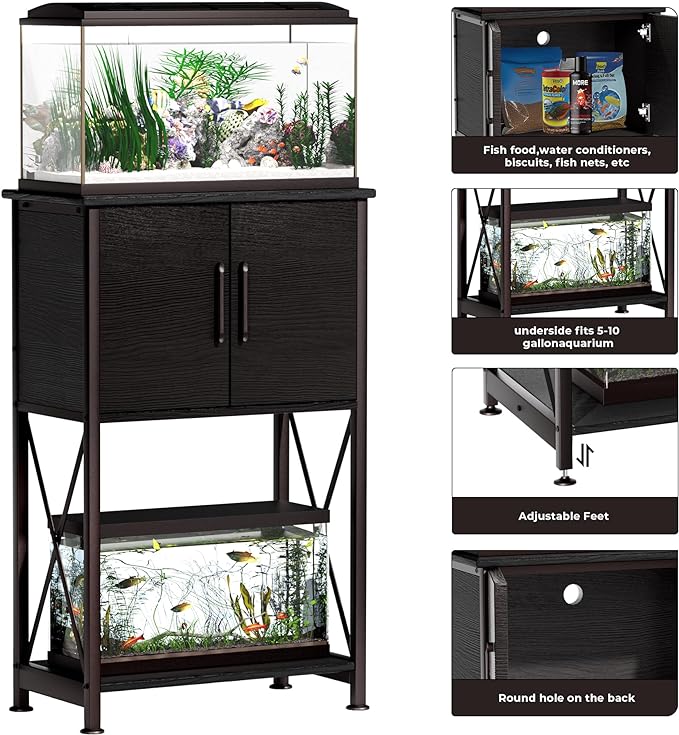 5-10 Gallon Fish Tank Stand, Metal Double Aquarium Stand with Cabinet for Fish Tank Accessories Storage, Heavy Duty 20.5" L* 11.02" W Tabletop, 500LBS Capacity Black PG06YGB