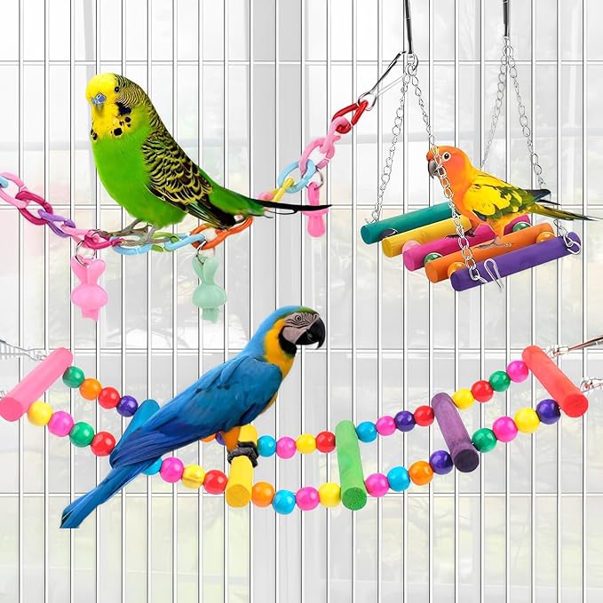 Bird Toys Parakeet Cage Accessories: 11pcs Bird Toy Swing Set for Bird Cage - Colorful Natural Toys Suitable for Parrot Cockatiel Budgie Conure Mynah Lovebird