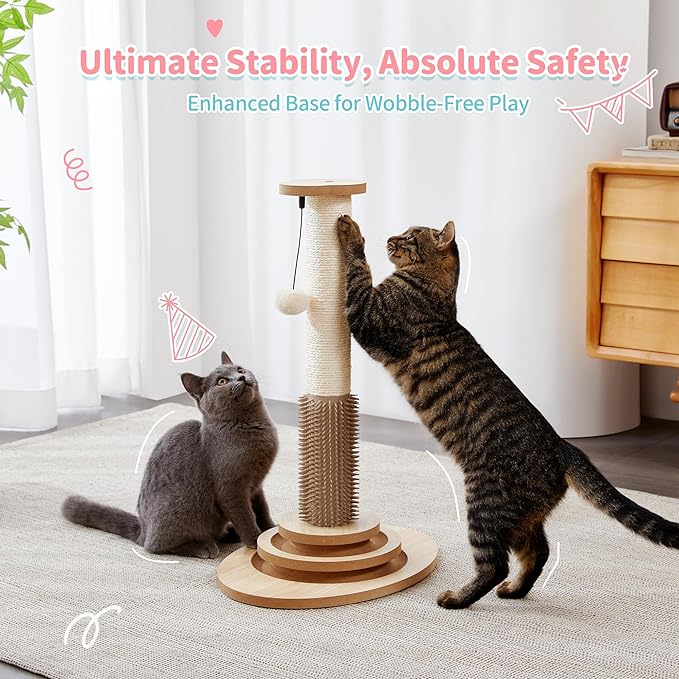 Made4Pets Cat Scratching Post, 23" Tall Sisal Scratcher Post with Cat Self Groomer, 4-in-1 Interactive Trackball Toys with Cat Hair Brush, Vertical Cat Climbing Tree with Dangling Plush Balls